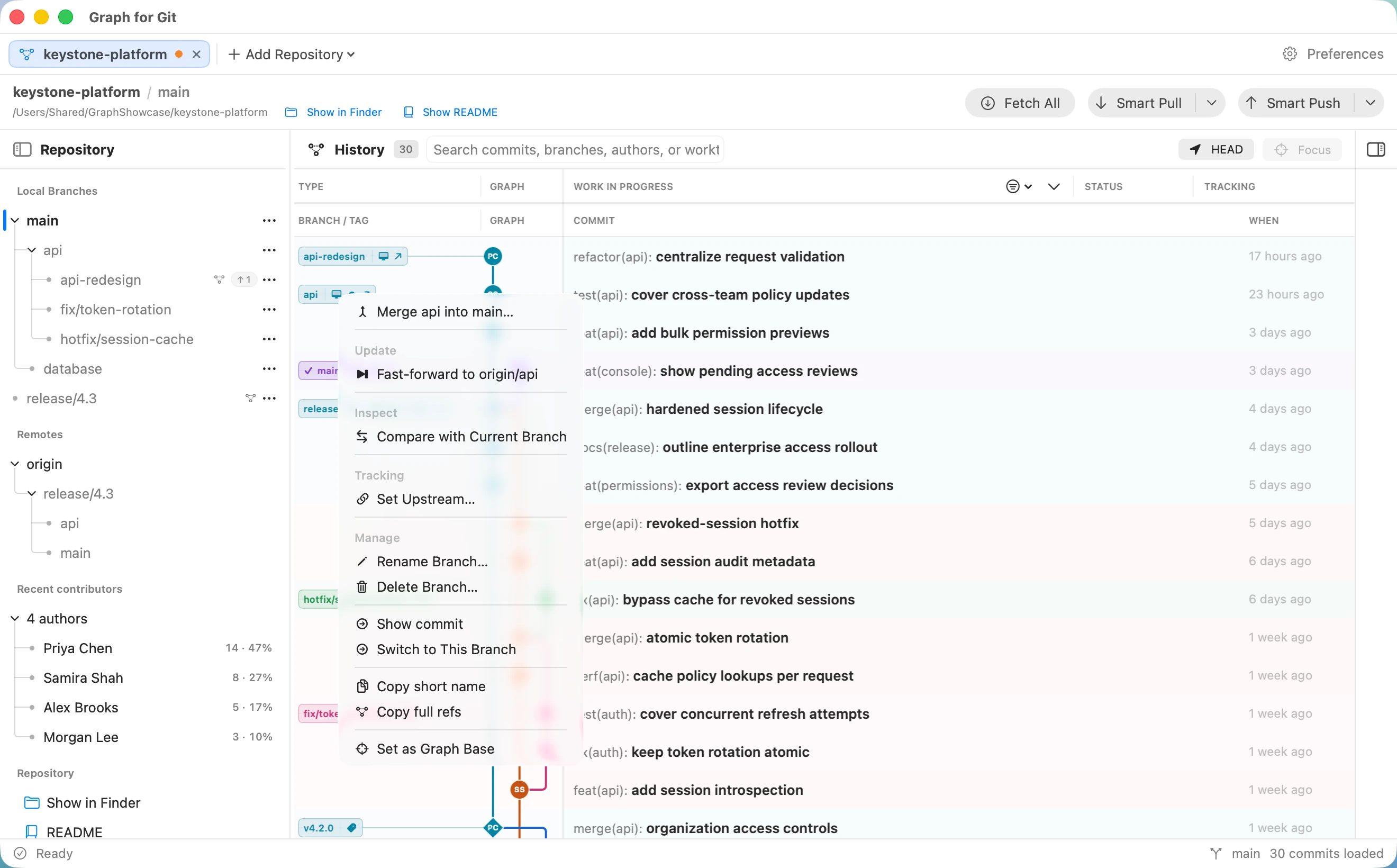Graph showing contextual actions for the api branch directly on its graph label.