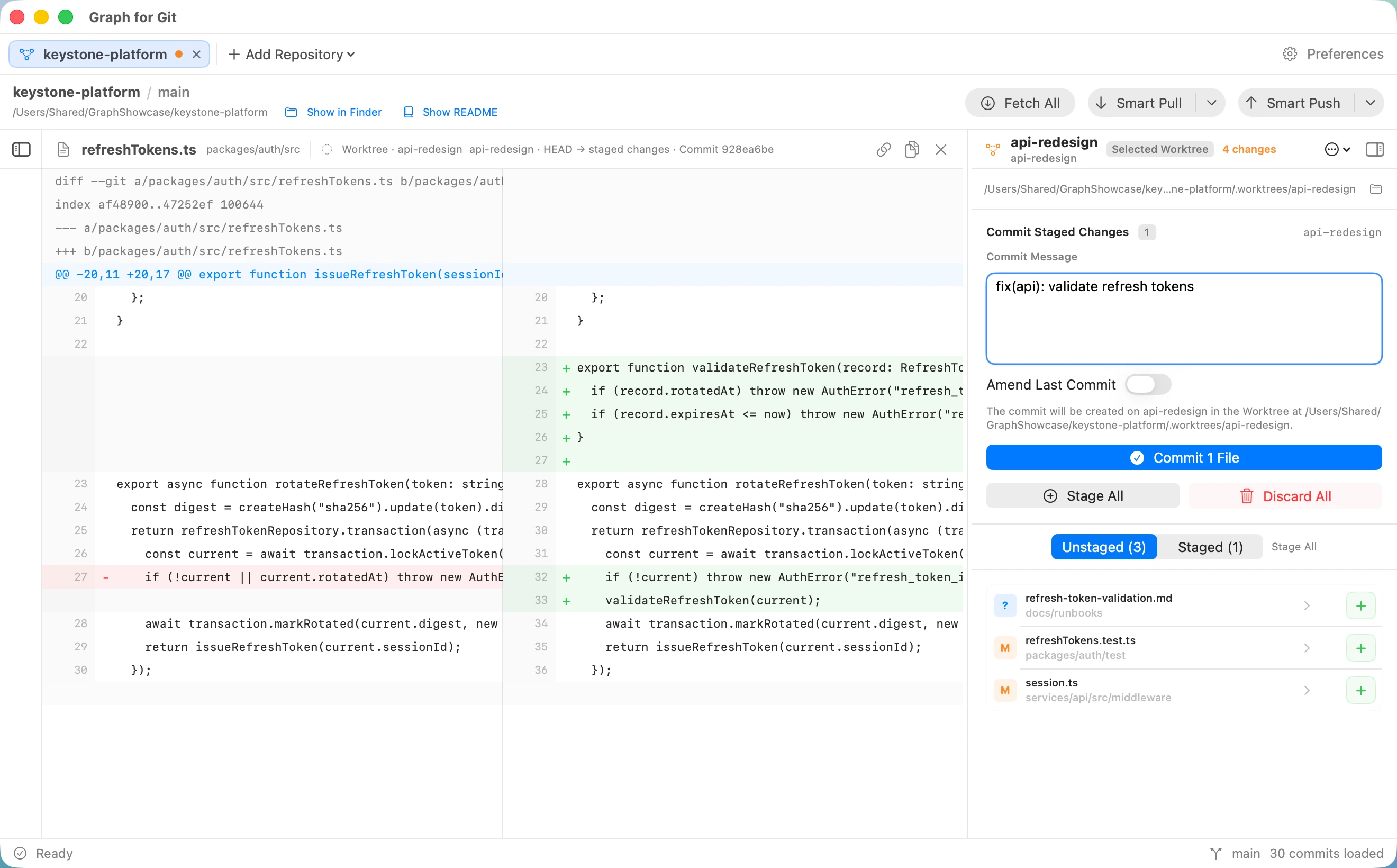 Graph showing a staged refresh-token diff, unstaged files, and a prepared commit message.