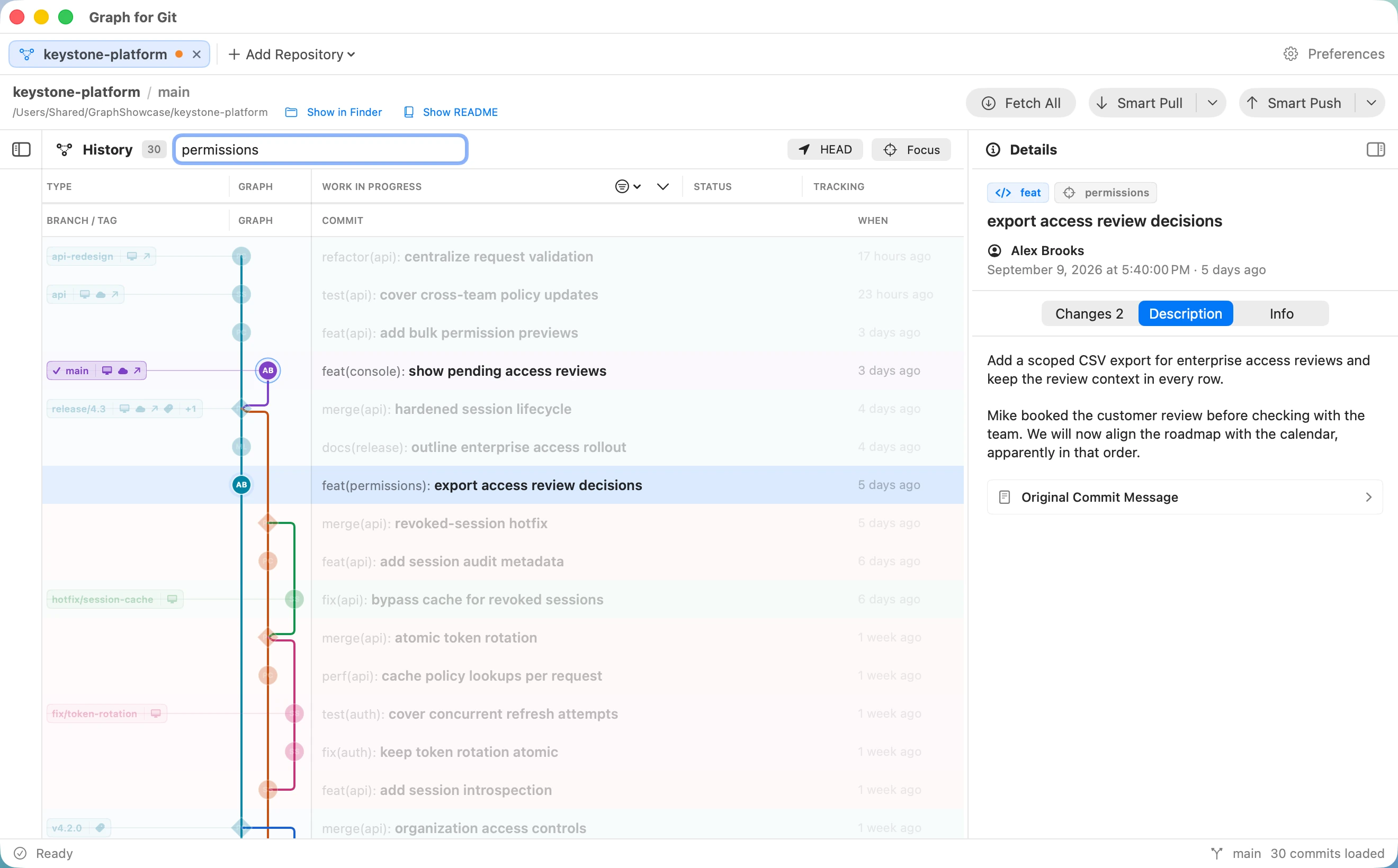 Graph searching for permissions and showing the selected commit description in context.