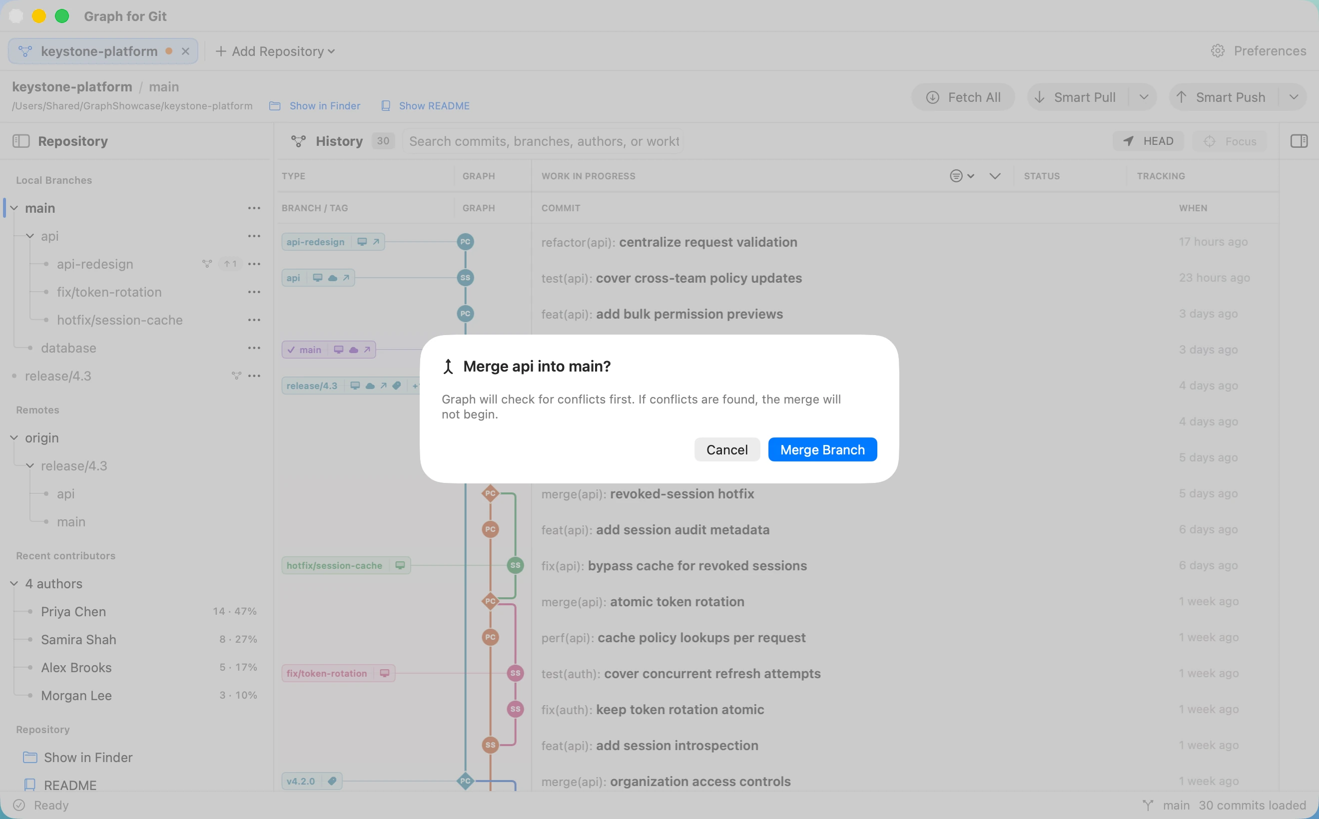 Graph confirming a merge from api into main and explaining its conflict check before proceeding.